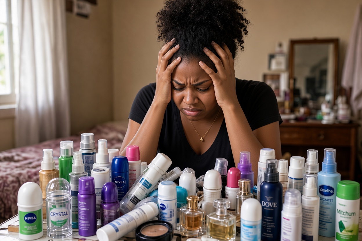 Woman frustrated surrounded by deodorant products